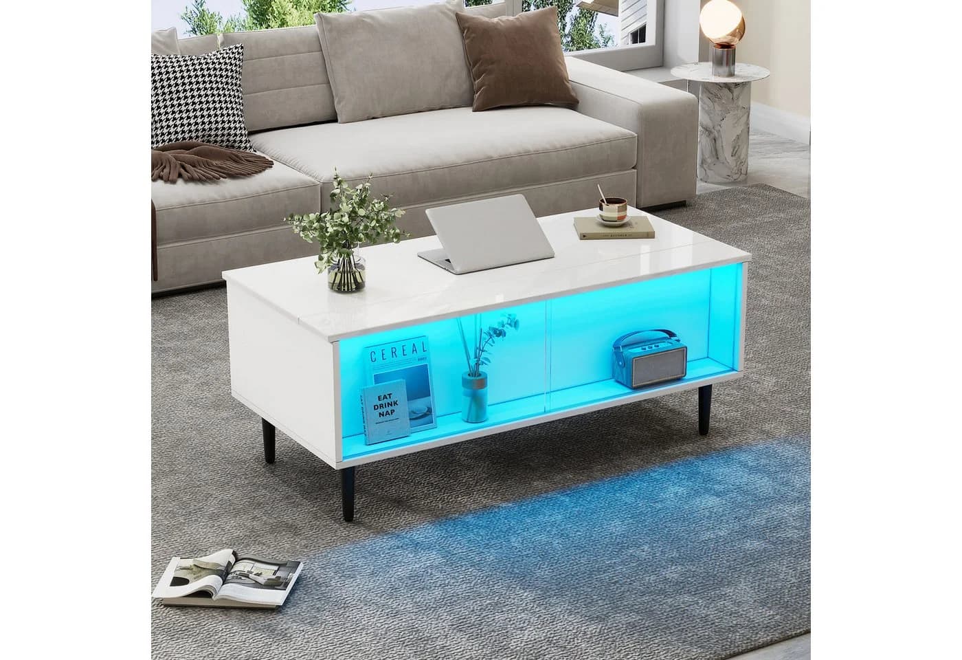 Merax Couchtisch Weiß Höhenverstellbar mit LED - Bild 4
