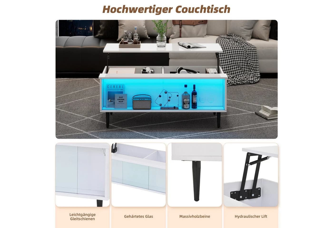 Merax Couchtisch Weiß Höhenverstellbar mit LED - Bild 5