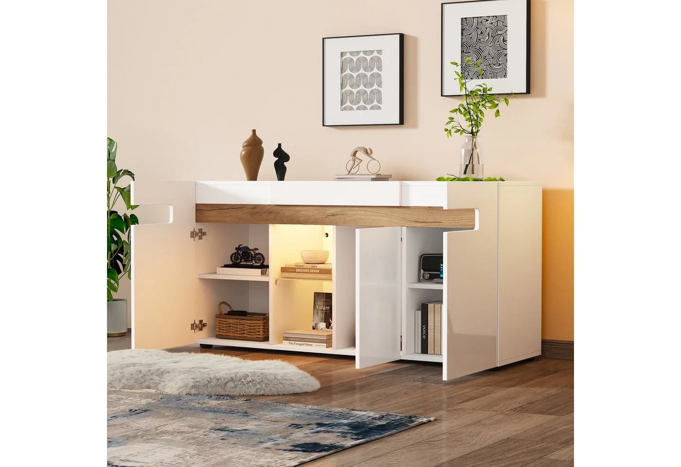 Merax Sideboard mit LED-Beleuchtung, Buffetschrank mit Glasboden - Bild 3