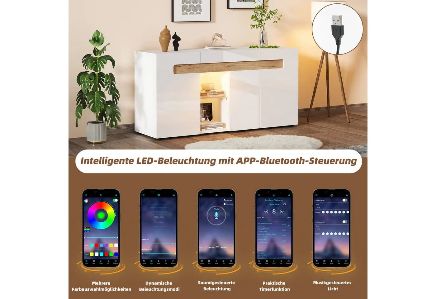 Merax Sideboard mit LED-Beleuchtung, Buffetschrank mit Glasboden - Bild 4