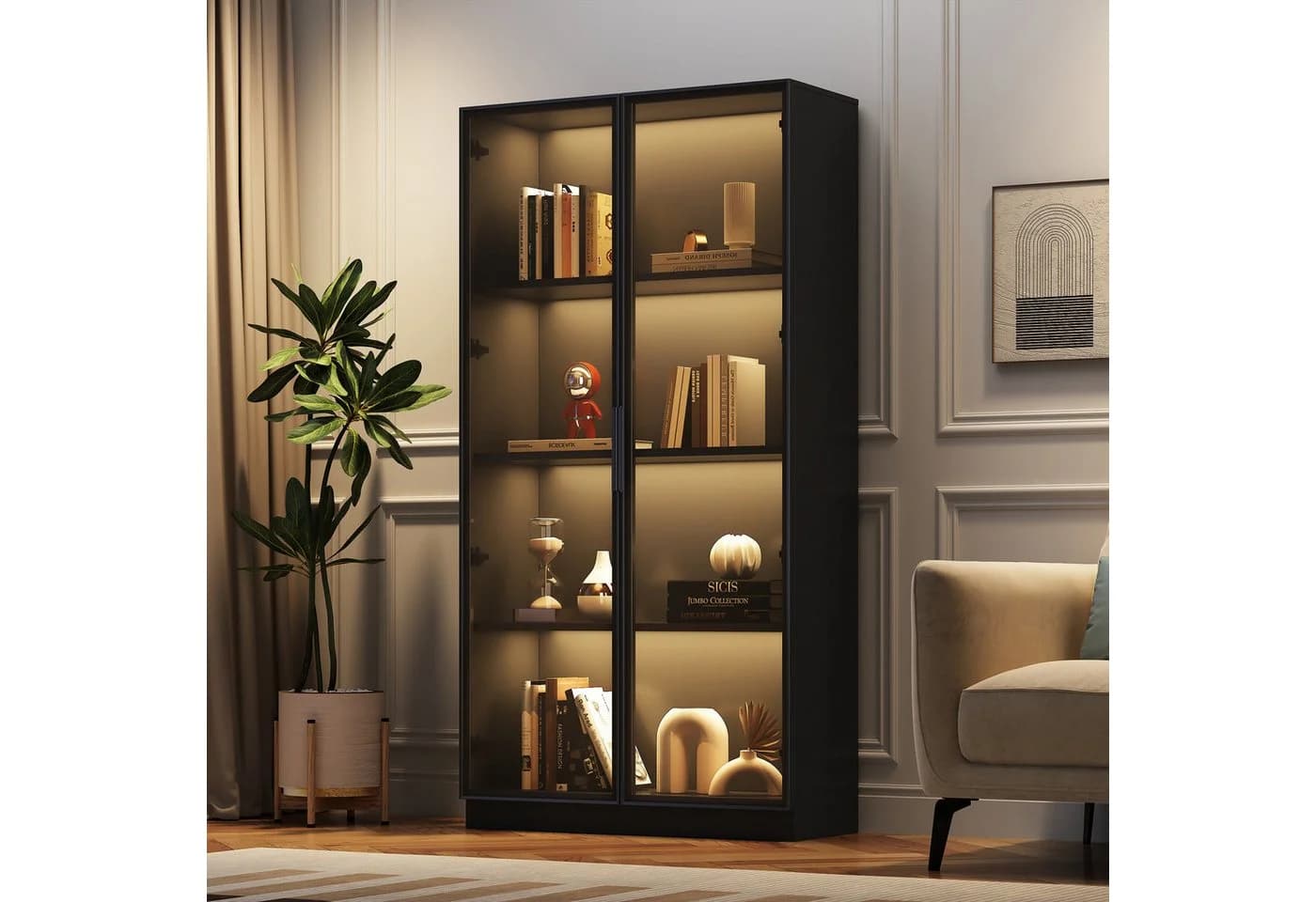 Merax Glasvitrine mit LED & App-Steuerung, Schwarz, Glastüren