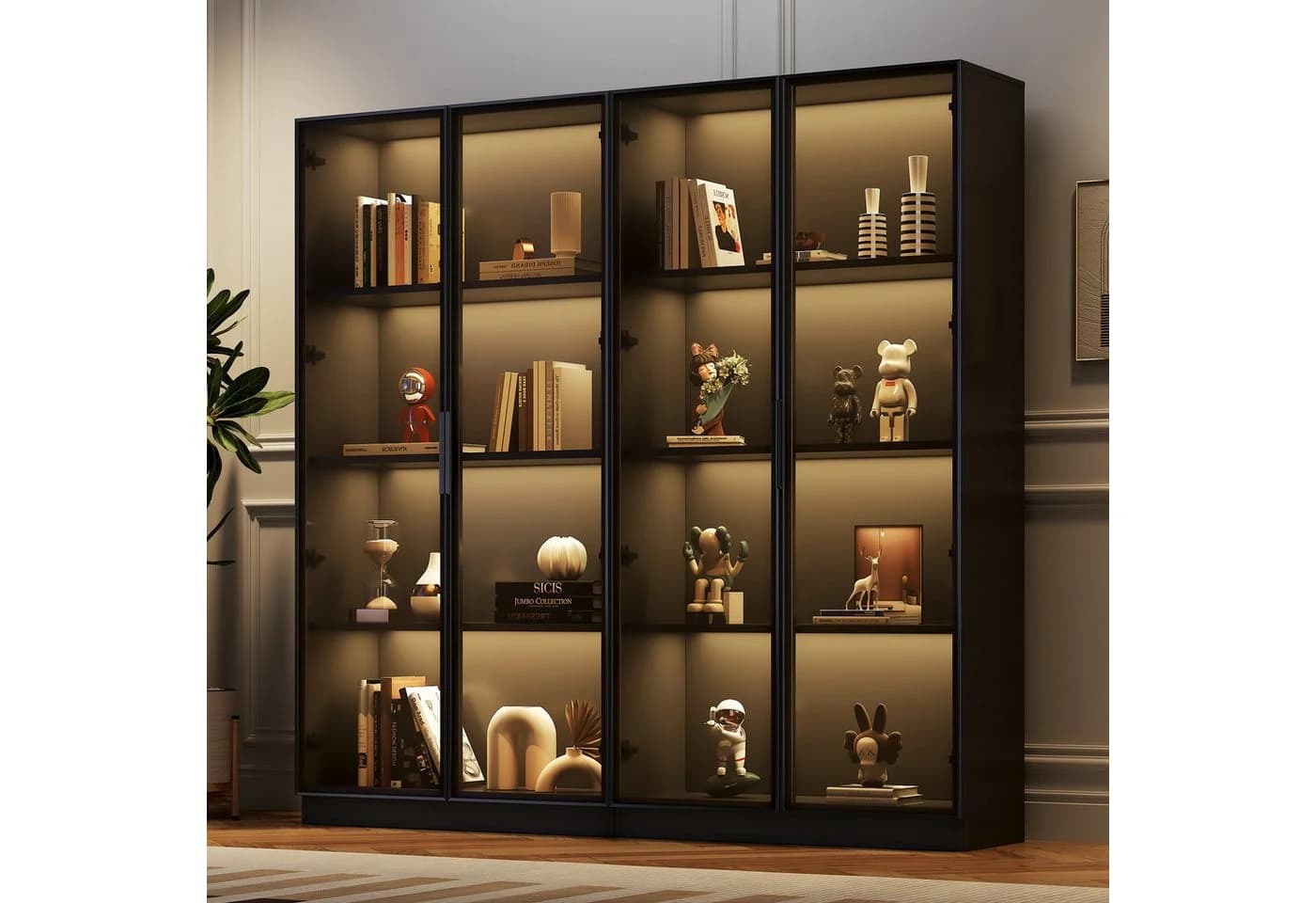 Merax Glasvitrine mit LED & App-Steuerung, Schwarz, Glastüren - Bild 2