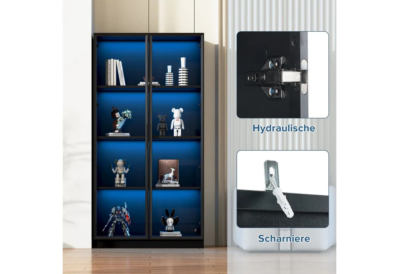 Merax Glasvitrine mit LED & App-Steuerung, Schwarz, Glastüren - Bild 5