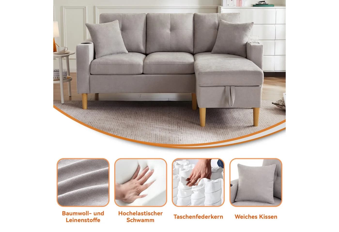 Merax 3-Sitzer Ecksofa L-Form mit Stauraum und Getränkehaltern - Bild 5