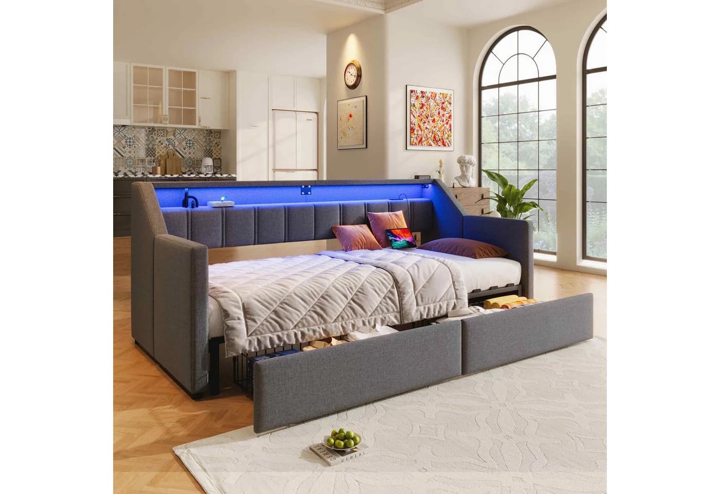 Merax Daybett mit Ausziehfunktion LED USB Grau Beige