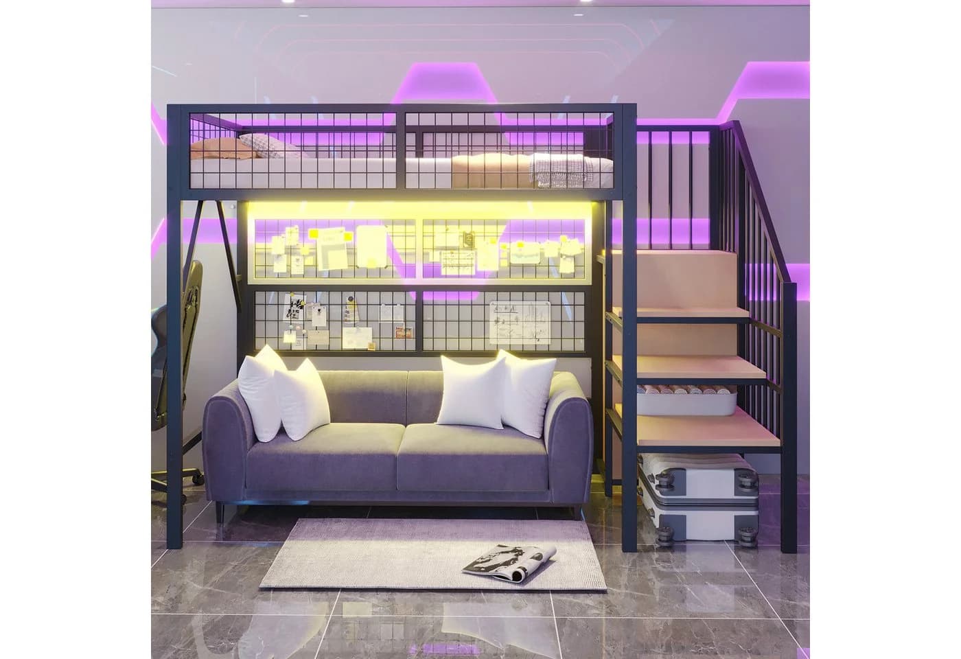 Merax Hochbett Metallbett 90x200cm mit LED Stauraumtreppe Kleiderschrank Gitter