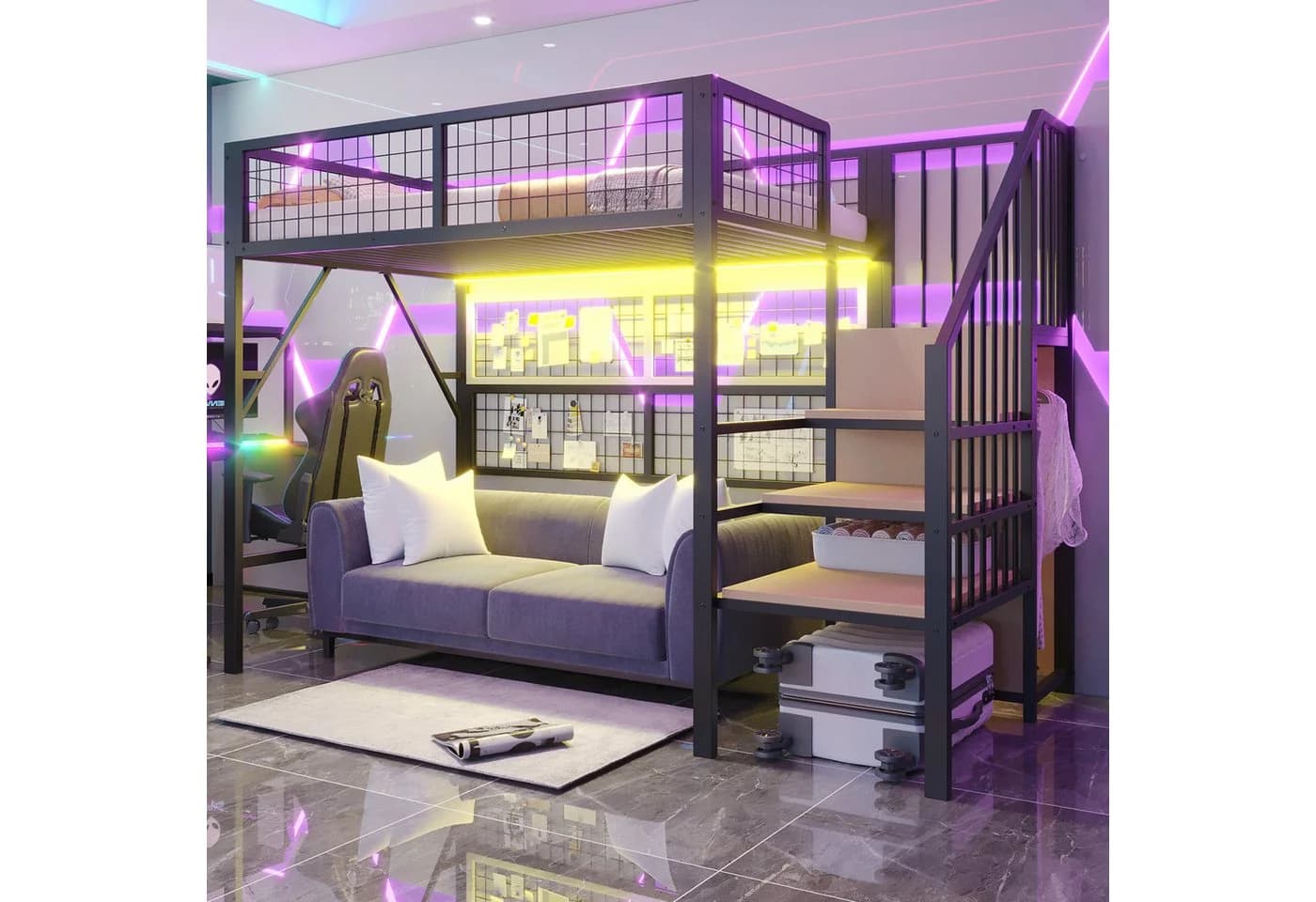 Merax Hochbett Metallbett 90x200cm mit LED Stauraumtreppe Kleiderschrank Gitter - Bild 2