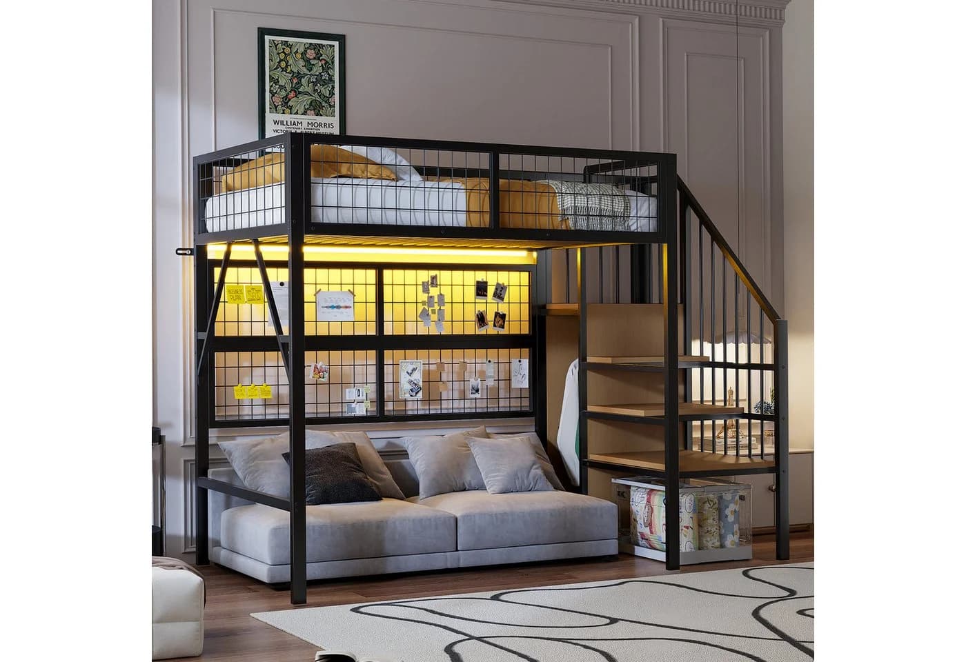 Merax Hochbett Metallbett 90x200cm mit LED Stauraumtreppe Kleiderschrank Gitter - Bild 3