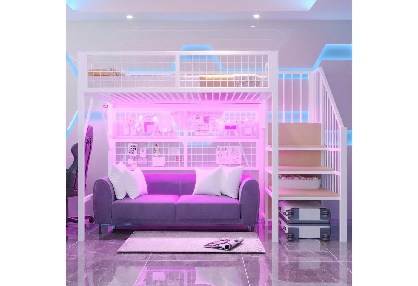 Merax Hochbett mit LED, Stauraumtreppe und Kleiderschrank - Bild 3