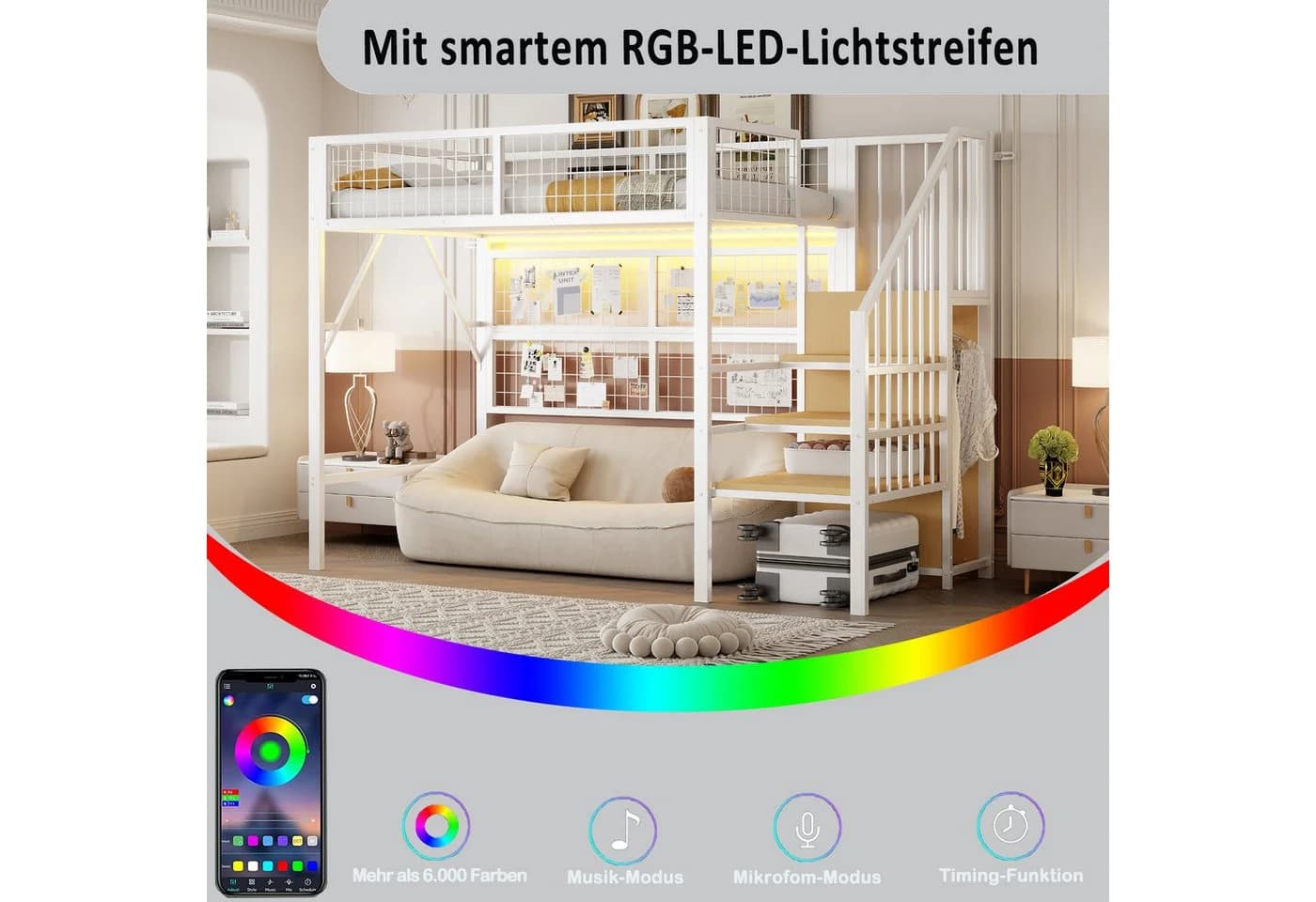 Merax Hochbett mit LED, Stauraumtreppe und Kleiderschrank - Bild 5
