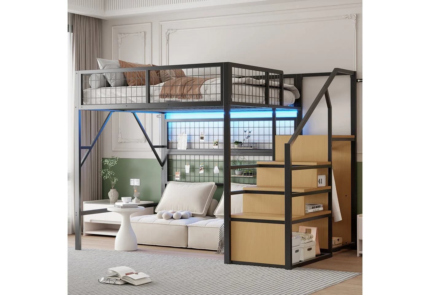 Merax Hochbett 140x200cm mit LED-Beleuchtung, Stauraumtreppe und Kleiderschrank