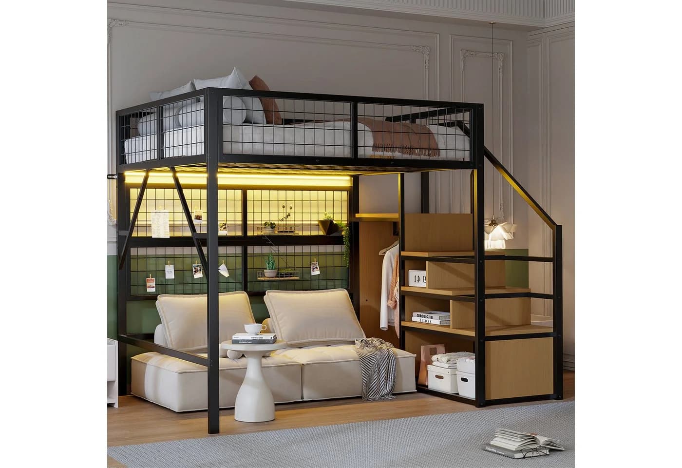 Merax Hochbett 140x200cm mit LED-Beleuchtung, Stauraumtreppe und Kleiderschrank - Bild 2
