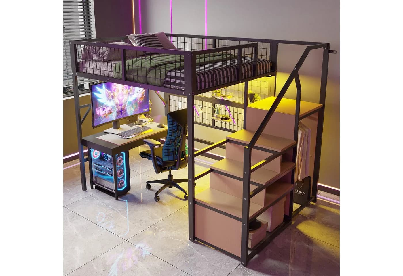 Merax Hochbett 140x200cm mit LED-Beleuchtung, Stauraumtreppe und Kleiderschrank - Bild 3