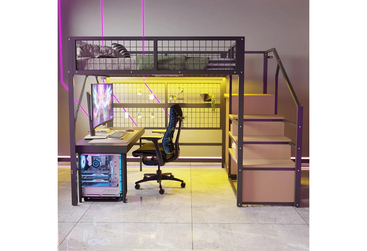 Merax Hochbett 140x200cm mit LED-Beleuchtung, Stauraumtreppe und Kleiderschrank - Bild 4