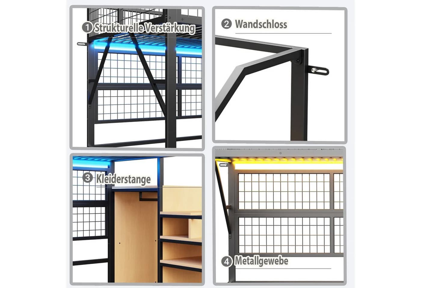 Merax Hochbett 140x200cm mit LED-Beleuchtung, Stauraumtreppe und Kleiderschrank - Bild 5
