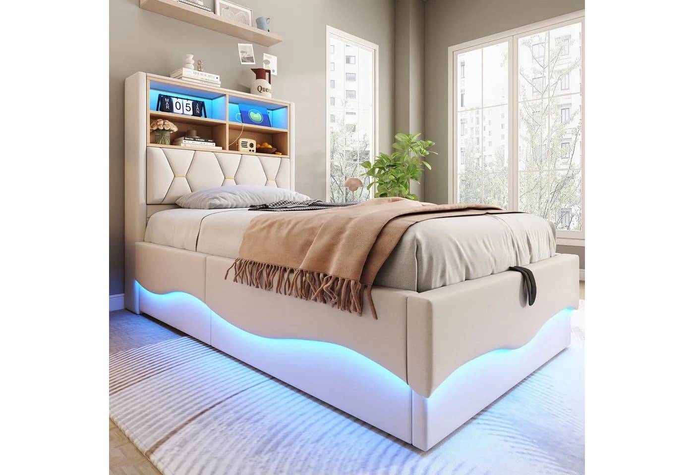 Merax Polsterbett Kinderbett Jugendbett Einzelbett mit Metall-Lattenrost, LED, USB und Ablagefächern - Bild 3