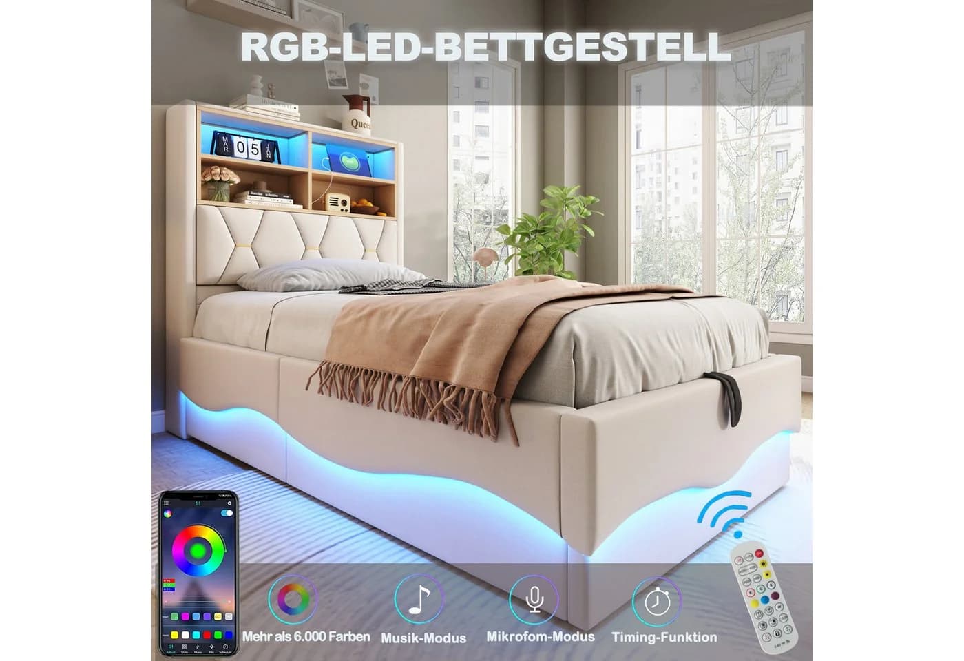 Merax Polsterbett Kinderbett Jugendbett Einzelbett mit Metall-Lattenrost, LED, USB und Ablagefächern - Bild 5