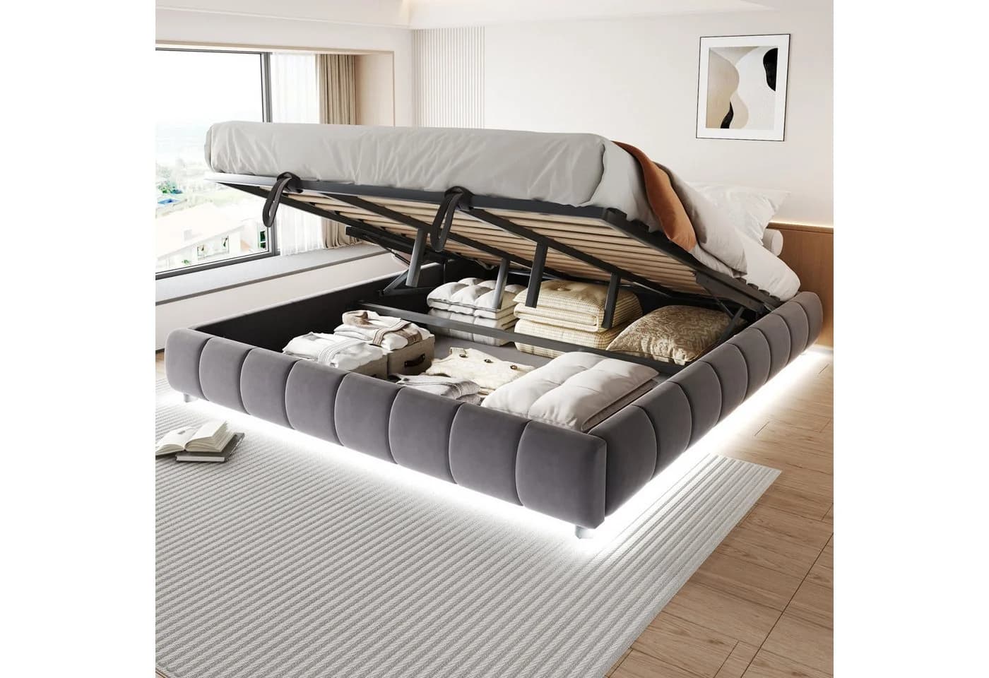 Merax Polsterbett 180x200cm Grau Beige Samt Metallrahmen LED Stauraum - Bild 2