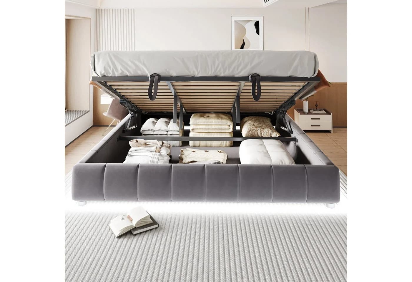 Merax Polsterbett 180x200cm Grau Beige Samt Metallrahmen LED Stauraum - Bild 3