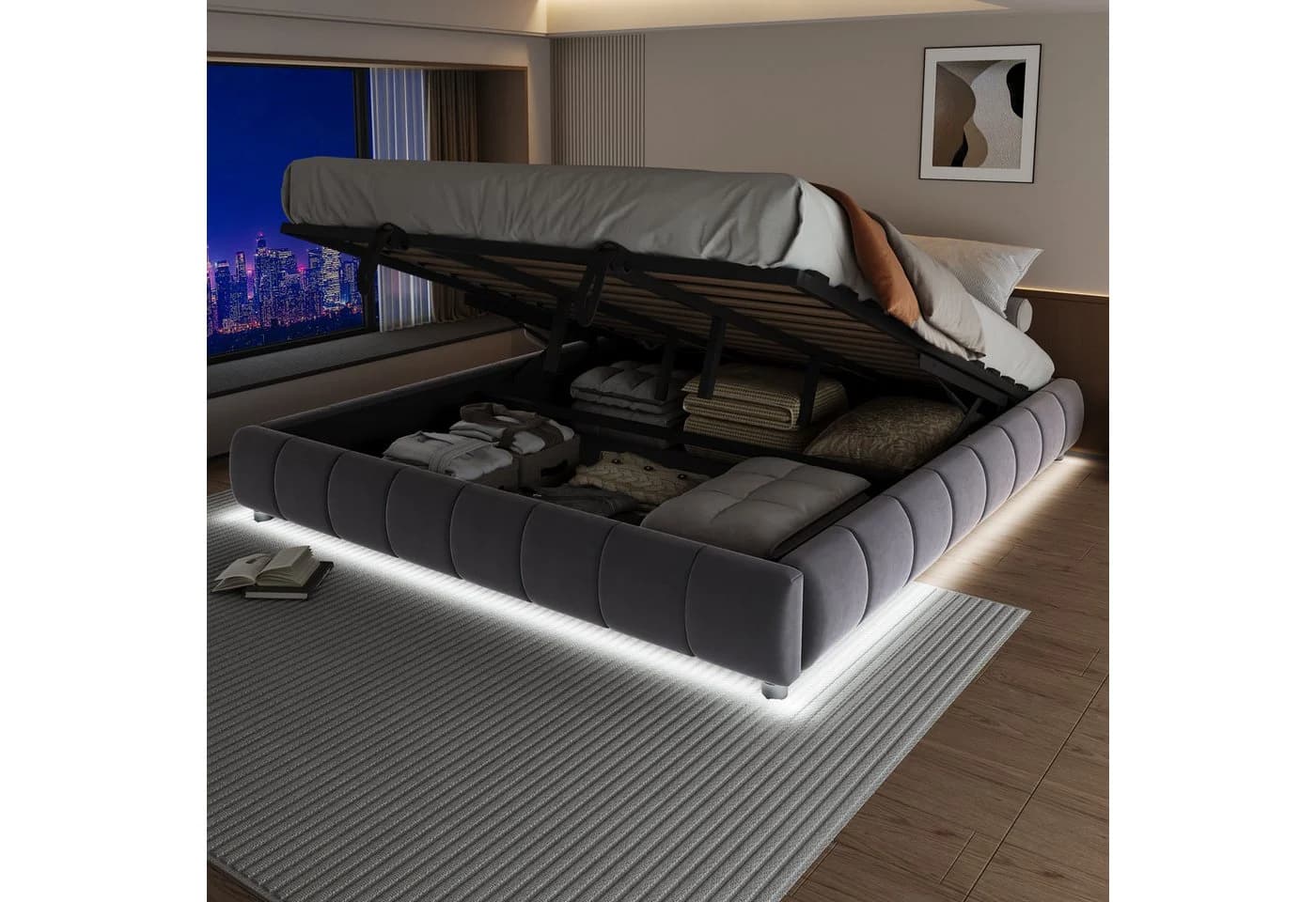 Merax Polsterbett 180x200cm Grau Beige Samt Metallrahmen LED Stauraum - Bild 4