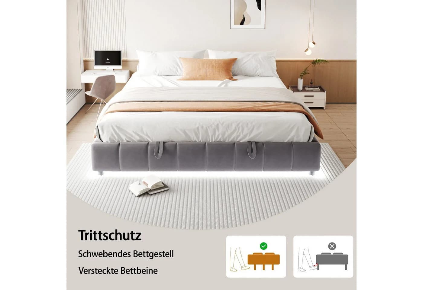 Merax Polsterbett 180x200cm Grau Beige Samt Metallrahmen LED Stauraum - Bild 5