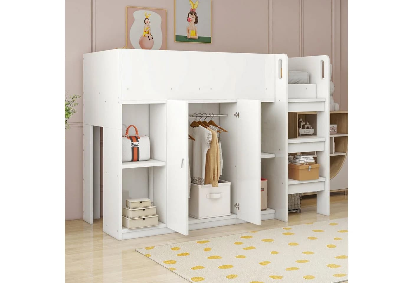 Merax Hochbett 1-St Kiefernholzbett Kinderbett 90x200cm mit Kleiderschrank Regalen Leiter