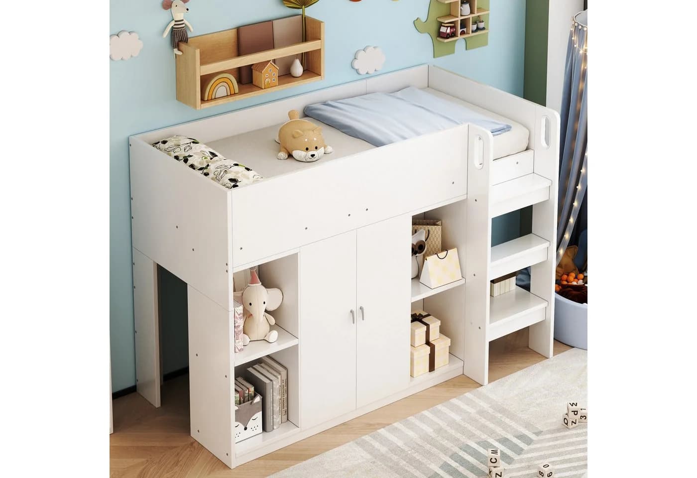 Merax Hochbett 1-St Kiefernholzbett Kinderbett 90x200cm mit Kleiderschrank Regalen Leiter - Bild 4