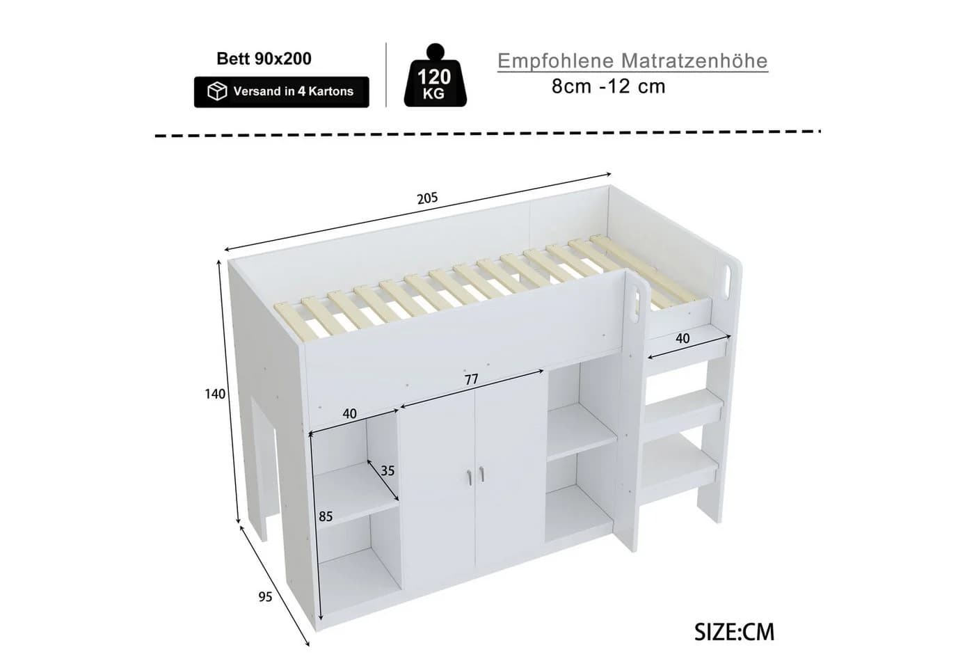 Merax Hochbett 1-St Kiefernholzbett Kinderbett 90x200cm mit Kleiderschrank Regalen Leiter - Bild 5