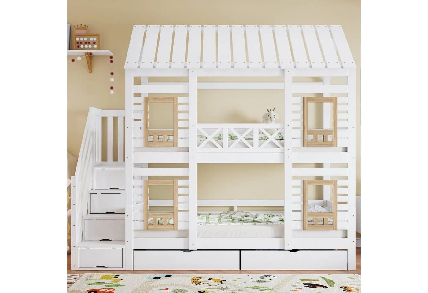 Merax Etagenbett Hausdesign Weiß Kiefer mit Stauraum