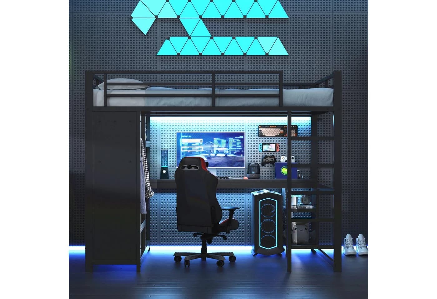 Merax Hochbett Schwarz mit LED Schreibtisch und Kleiderschrank