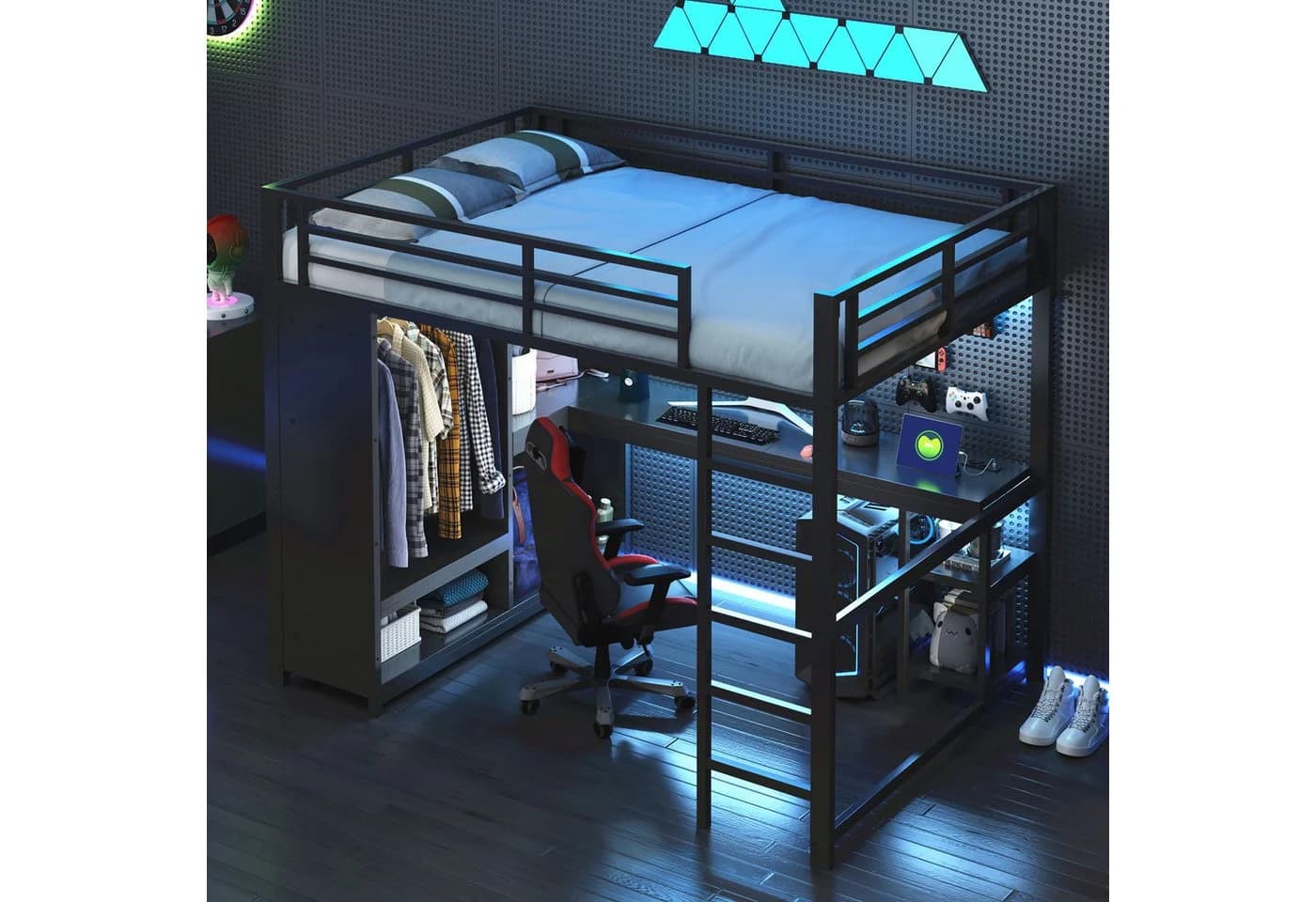Merax Hochbett Schwarz mit LED Schreibtisch und Kleiderschrank - Bild 3