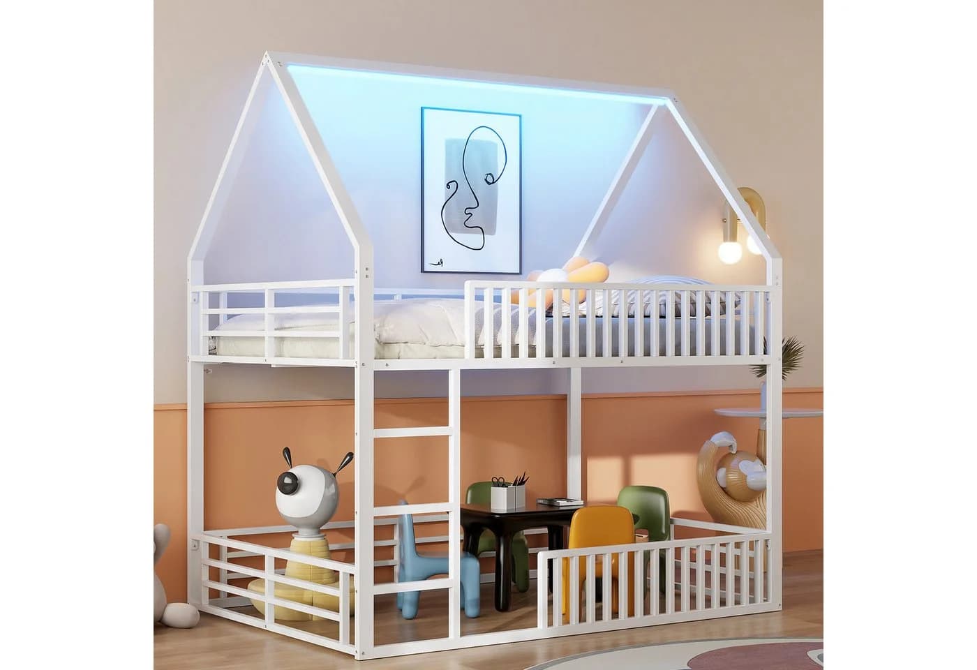 Merax Etagenbett mit LED-Beleuchtung und Hausdesign Schwarz/Weiß