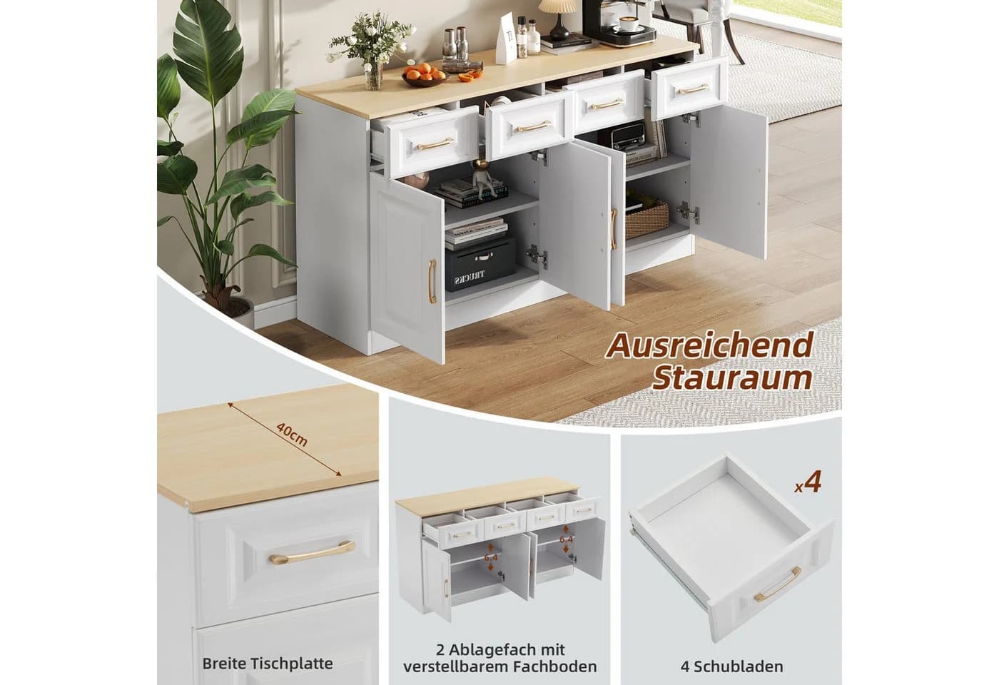 Merax Sideboard Landhausstil 4 Türen 4 Schubladen Weiß - Bild 5