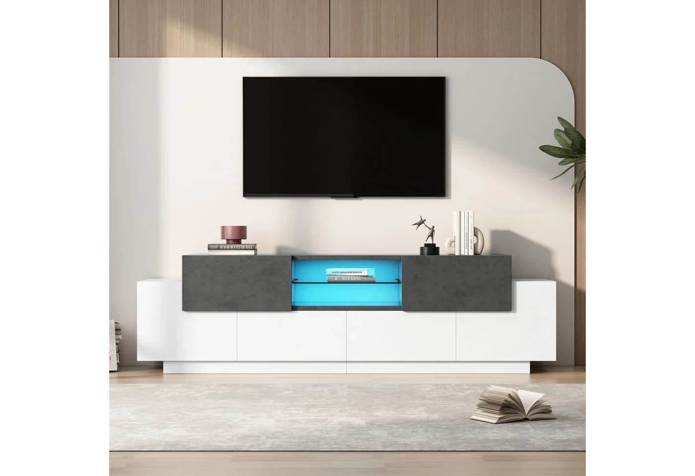 Merax Lowboard Marmoroptik Weiß-Grau LED TV-Schrank