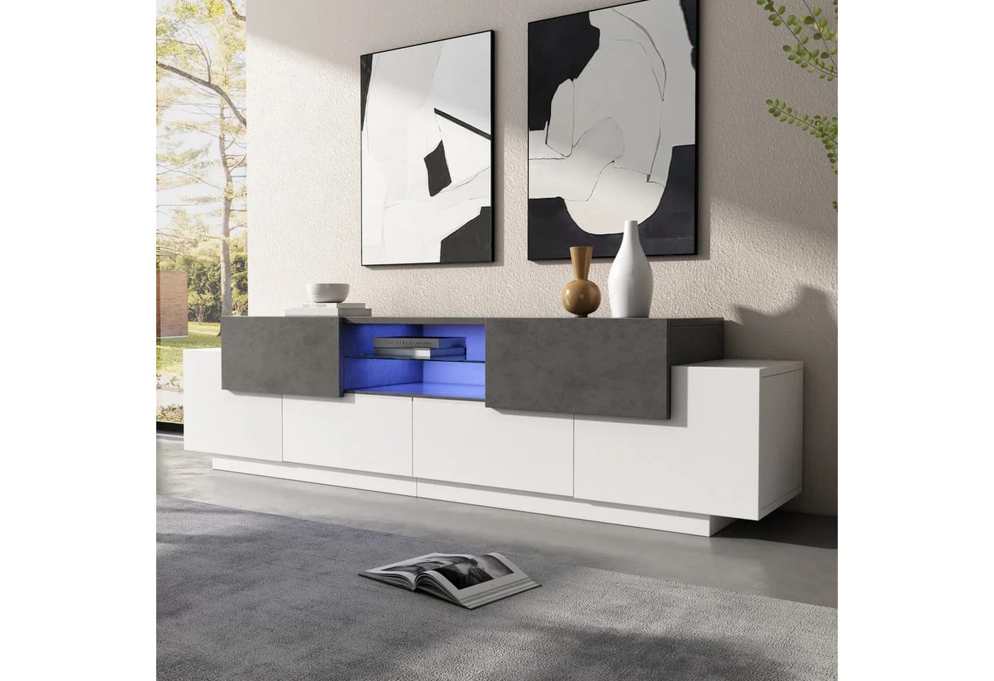Merax Lowboard Marmoroptik Weiß-Grau LED TV-Schrank - Bild 2