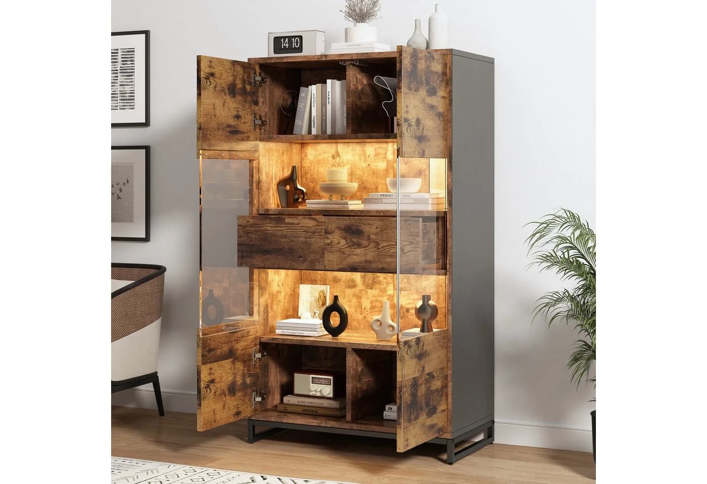 Merax Standvitrine mit LED-Beleuchtung & Acrylfront, Highboard in Schwarz & Holzoptik