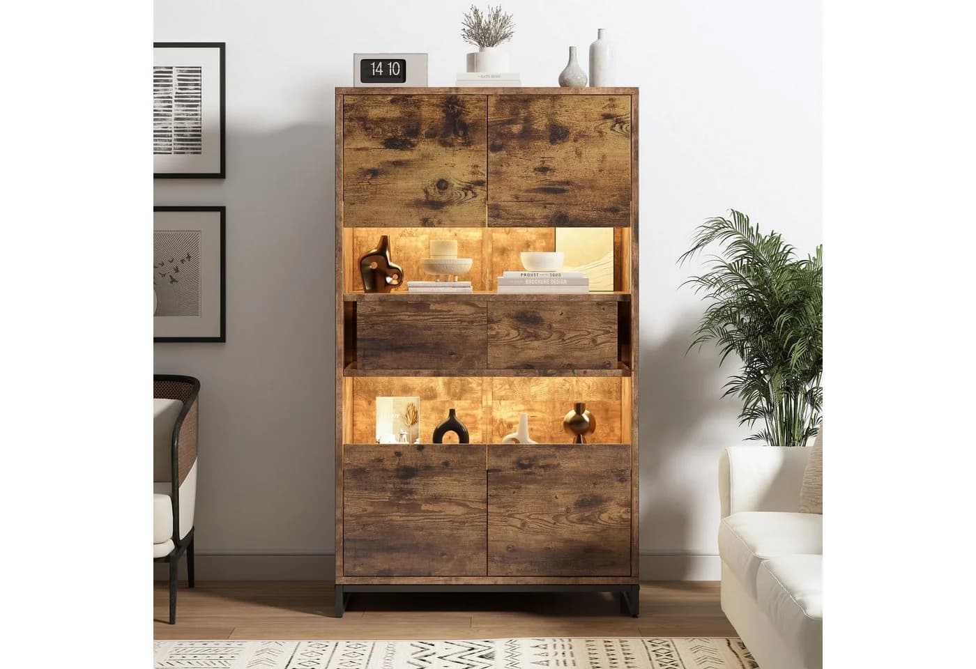 Merax Standvitrine mit LED-Beleuchtung & Acrylfront, Highboard in Schwarz & Holzoptik - Bild 2