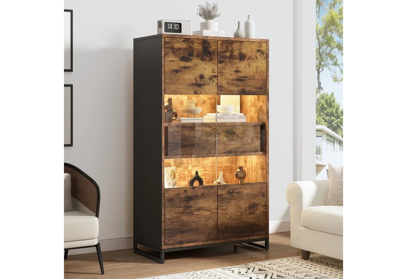 Merax Standvitrine mit LED-Beleuchtung & Acrylfront, Highboard in Schwarz & Holzoptik - Bild 3