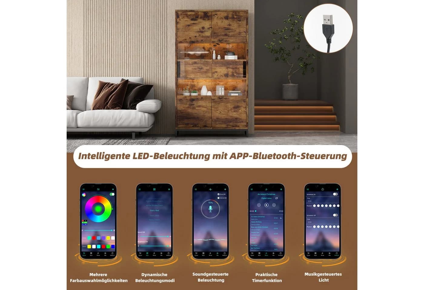 Merax Standvitrine mit LED-Beleuchtung & Acrylfront, Highboard in Schwarz & Holzoptik - Bild 5