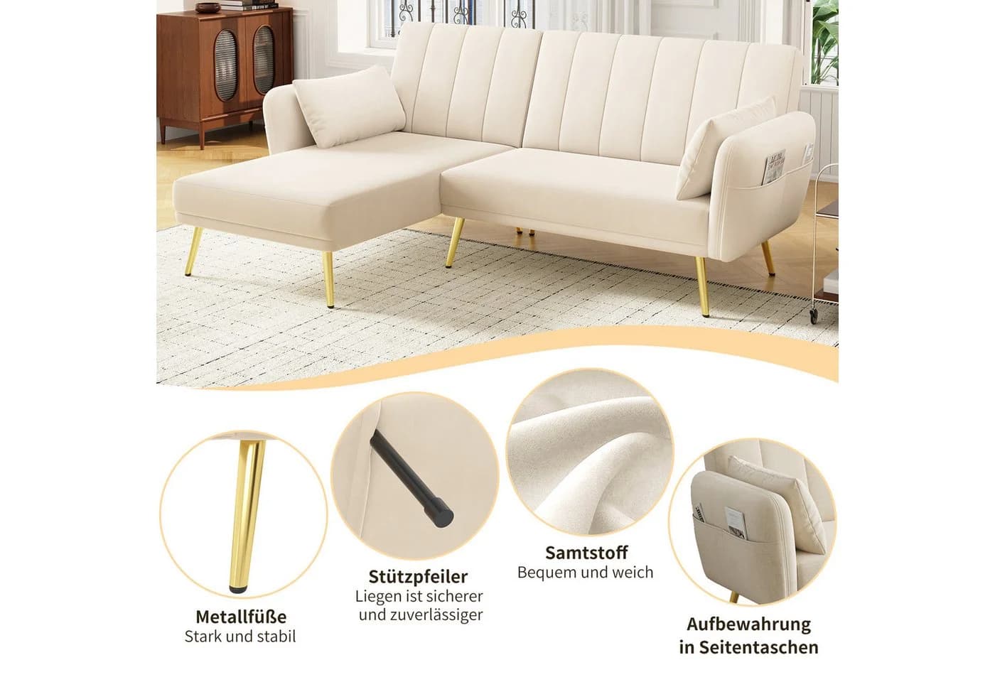 Merax Schlafsofa L-Form Samt mit Schlaffunktion und verstellbarer Rückenlehne - Bild 5