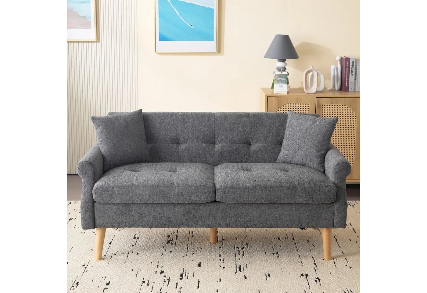 Merax 2-Sitzer Doppelsofa Grau Chenille mit Massivholzbeinen - Bild 2