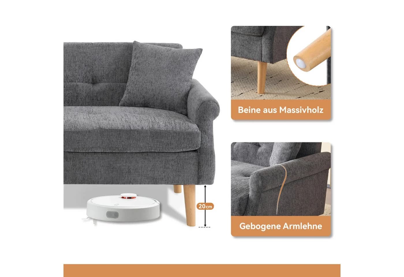 Merax 2-Sitzer Doppelsofa Grau Chenille mit Massivholzbeinen - Bild 4