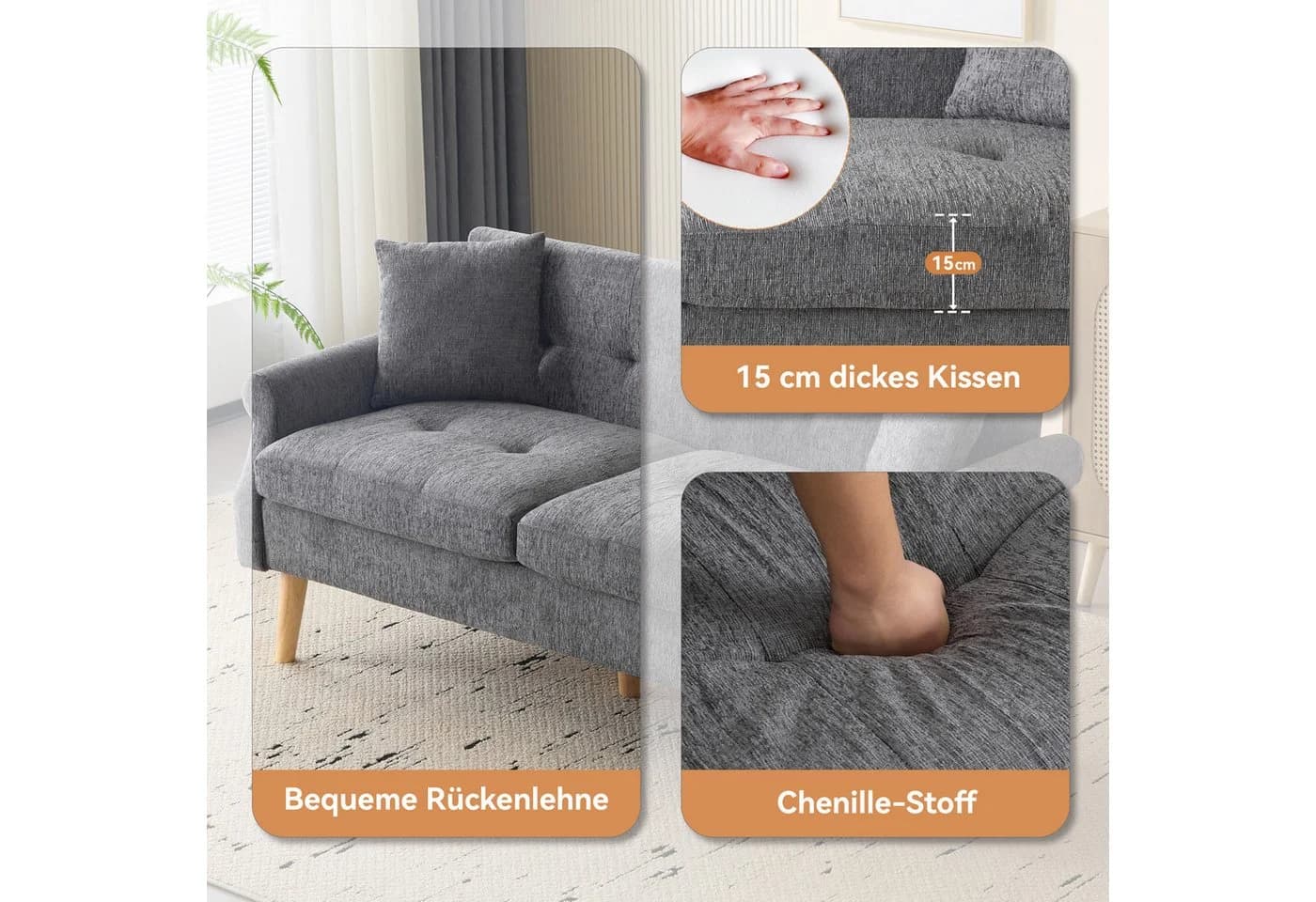 Merax 2-Sitzer Doppelsofa Grau Chenille mit Massivholzbeinen - Bild 5