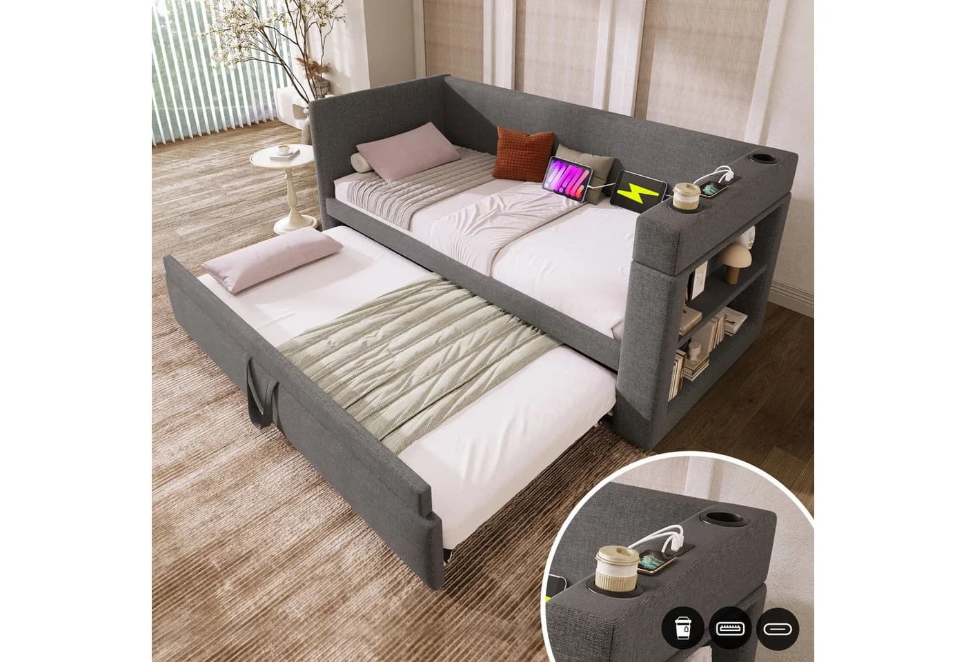 Merax Daybett mit Ladeanschluss und Ausziehbett Grau/Beige