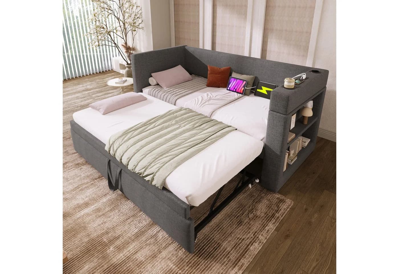 Merax Daybett mit Ladeanschluss und Ausziehbett Grau/Beige - Bild 2