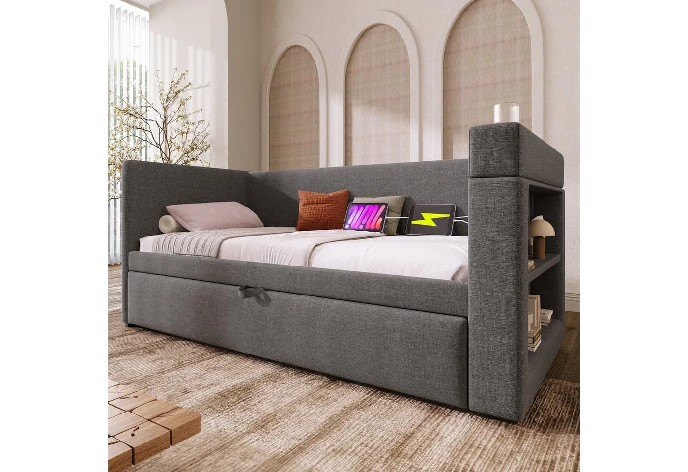 Merax Daybett mit Ladeanschluss und Ausziehbett Grau/Beige - Bild 3
