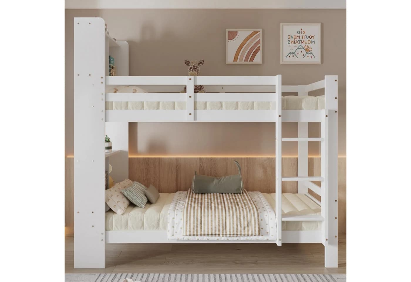 Merax Etagenbett Kieferholz Kinderbett 90x200cm mit Kopfregalen Leiter Stauraum Zaun