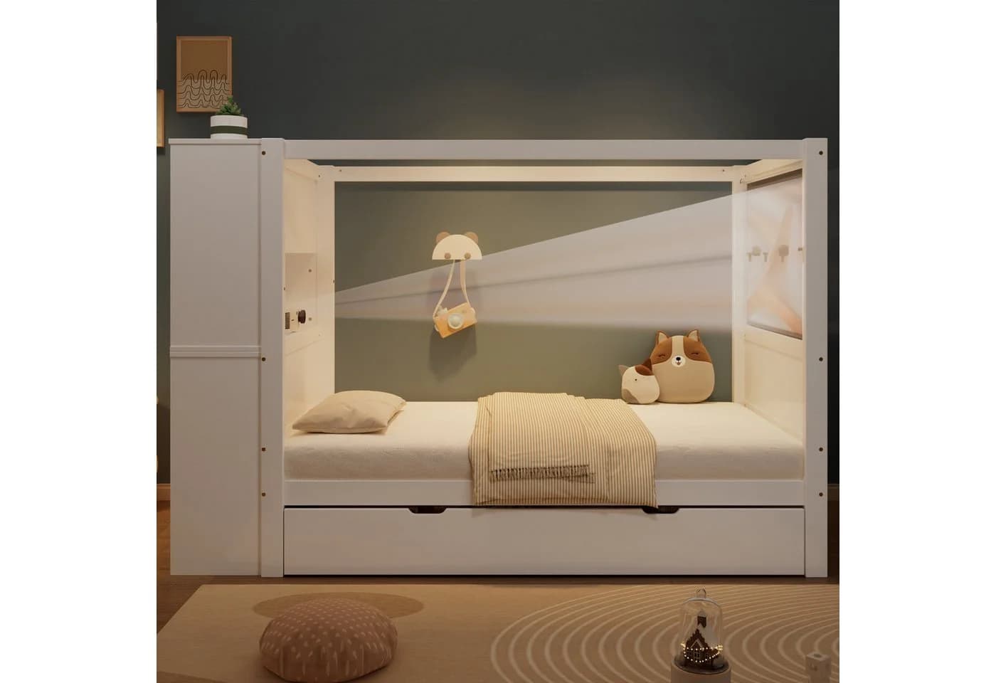 Merax Kinderbett 90x200cm mit Gitter und Lagerschrank