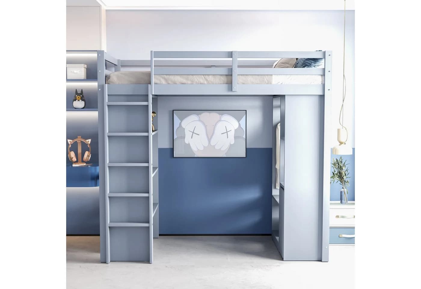 Merax Hochbett mit viel Stauraum unter dem Bett 1-St. Einzelbett Jugendbett Kiefer Kinderbett 90x200 cm mit Regalen, Kleiderhaken & Rollwagen