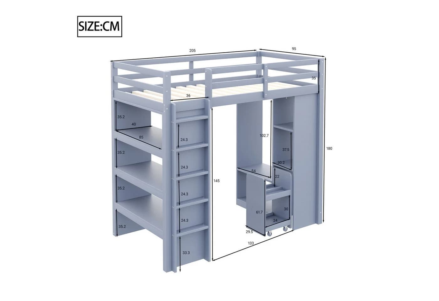 Merax Hochbett mit viel Stauraum unter dem Bett 1-St. Einzelbett Jugendbett Kiefer Kinderbett 90x200 cm mit Regalen, Kleiderhaken & Rollwagen - Bild 4